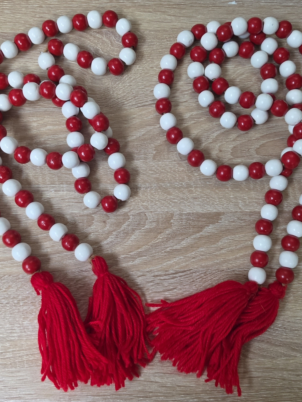 2x Farmhouse Festive Red White Beaded Holiday Christmas Garland 74 in Strands